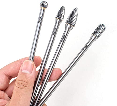 Mesee 4Pcs Tungsten Carbide Rotary Burr Set, 6-Inch Long Rotating Burr Tools Kit with 6mm Shank for DIY Woodworking/Metal Carving/Polishing Engraving/Drilling 6