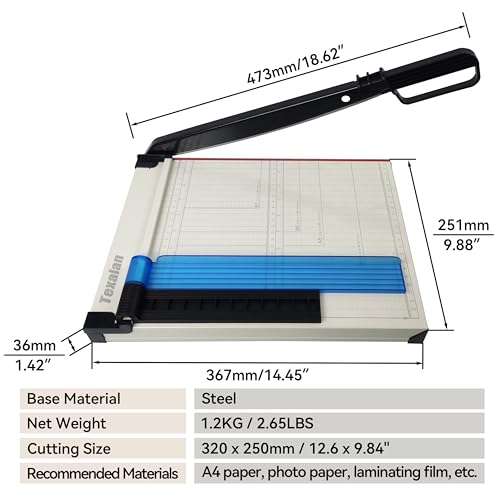 TEXALAN(R) Paper Cutter Letter Size Paper Trimmer 12” Cut Length 12 Sheet Capacity Guillotine Paper Photo Cutter with Magnet Clamp, Paper Guide, Size Guideline 2