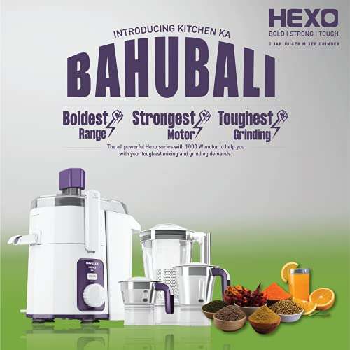 Havells Hexo 1000 watts 3 Jar Juicer Mixer Grinder with 2.5 Kg 100% Ball Bearing Copper Motor ,22000 RPM, 2Ltr Polycarbonate Jar, Metal Teeth Coupler & 2 Years Warranty (White & Purple) 3