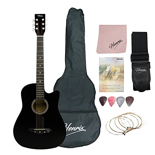 Henrix 38C 38 Inch Cutaway Acoustic Guitar With Dual Action Truss Rod, Gigbag, Picks, String Set, String Winder, Strap, Polishing Cloth & Ebook - Black 1
