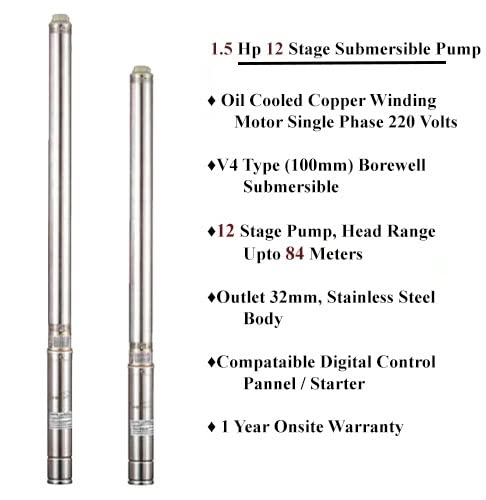 VGuard 1.5 hp Submersible Pump, 12 Stage, Single Phase(NOVA-OT1512) for 100 mm borewell, with Compatible Digital Control Panel/Starter |NOVA-OT1512 3