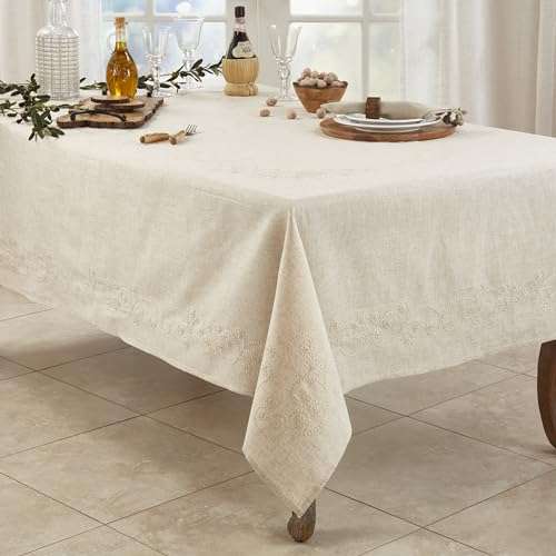 SARO LIFESTYLE Embroidered Swirl Design Linen Blend Tablecloth, 67", Natural 6