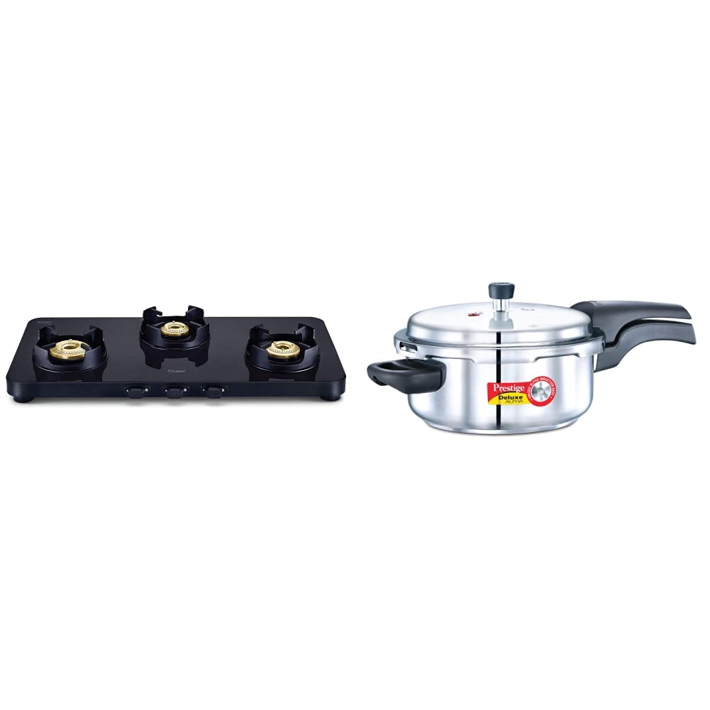 Prestige Edge Schott Glass 3 Burner Gas Stove, Black & Deluxe Alpha Outer Lid Stainless Steel Pressure Cooker, 3 Litres, Silver Combo, 3 Liter 1