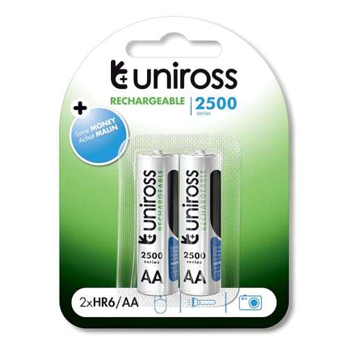 Uniross Ni-MH AA Rechargeable Battery | 2500 Series | Ultra High Power| for High Drain Devices | with Low Discharge Mechanism | 0% Mercury & Cadmium | 1.2V | Pack of 2 1