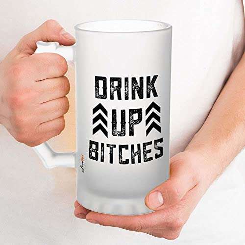 FirseBUY Funny Beer Mug, Drink Up Bitches Humor Printed Glass Mug with Handle 16oz, Large Beer Glass for Women, Beer Cup Drinking Glass 470ml, Stein Set of 1 3