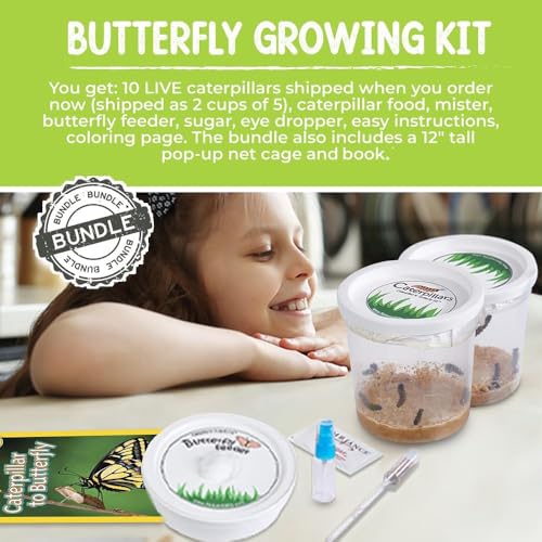 Live Butterfly Growing Complete Kit - Includes 10 Live Caterpillars - All-in-One Kit with Net Cage, Food, and Rearing Supplies - Book Bundle 4