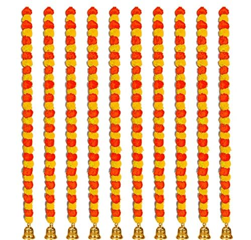 Abhaas Ganesh Chaturthi Decoration Set for Home Decor with LED Lights, Marigold Garlands with Bells, Backdrop Net Curtain with Ribbon, Hooks | for Ganpati, Diwali (Mix, 10 Marigold+Bells) 6