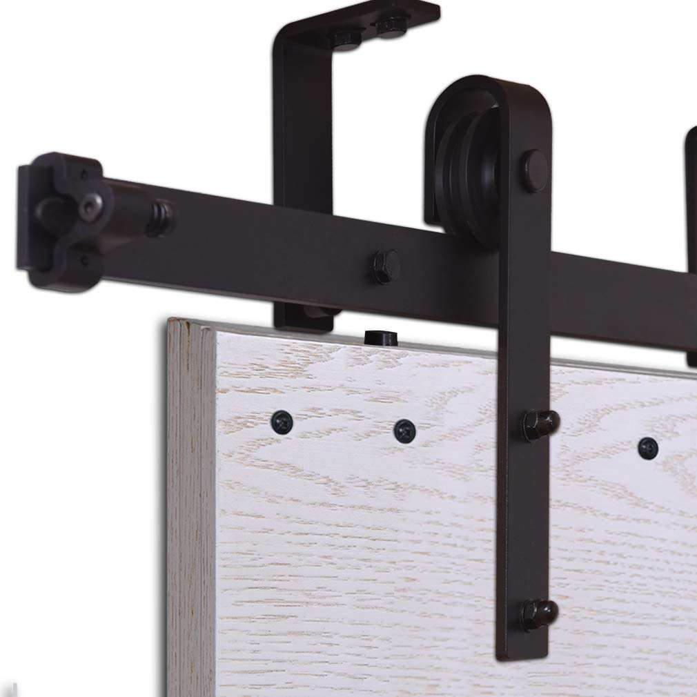Ceiling Mount Barn Door Hardware Kit 6ft, CCJH Sliding Track for Kitchen Cabinet Black, Fit 18" Wide Double Door Panels [J Shape Hanger] 1