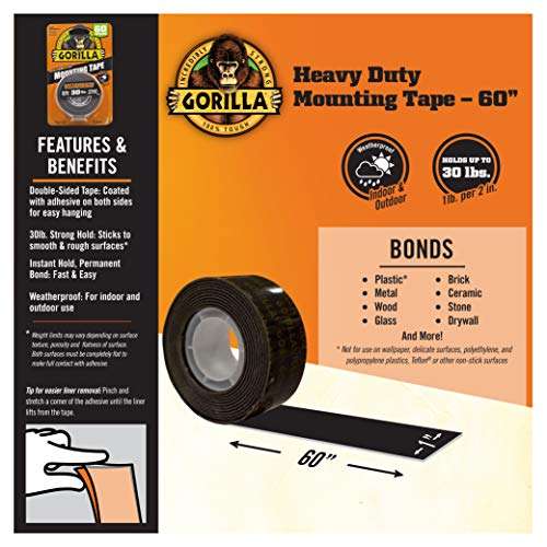 Gorilla - Heavy Duty Double Sided Mounting Tape; Weatherproof; 1" x 60"; Black; (Pack of 2) 3