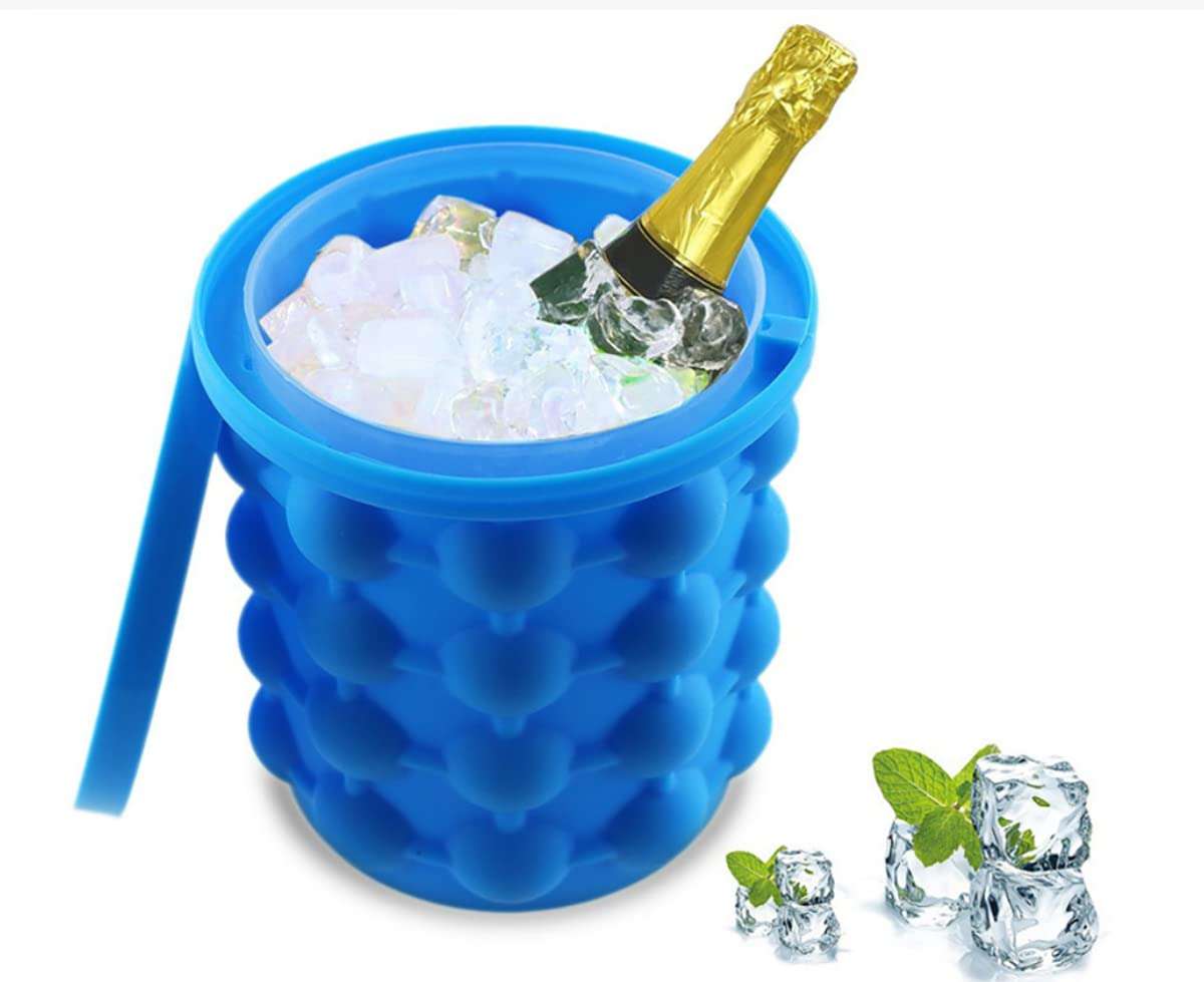 2 in 1 Silicone Ice Bucket and Ice Mold with Lid for Freezing Whiskey, Cocktails, Drinks, Portable Silicone Ice Maker (Blue) 4
