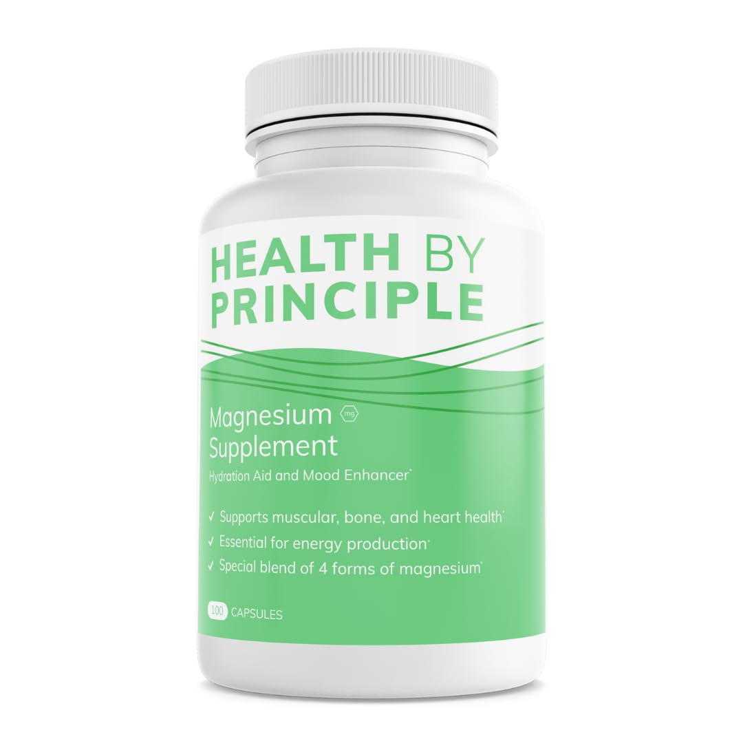 Health by Principle Magnesium Supplement | 4 Types of Magnesium in 1 Capsule | Glycinate, Malate, Taurate, & Citrate for Muscles & Sleep | High Absorption | Vegan, Non-GMO | 100 Capsules 1