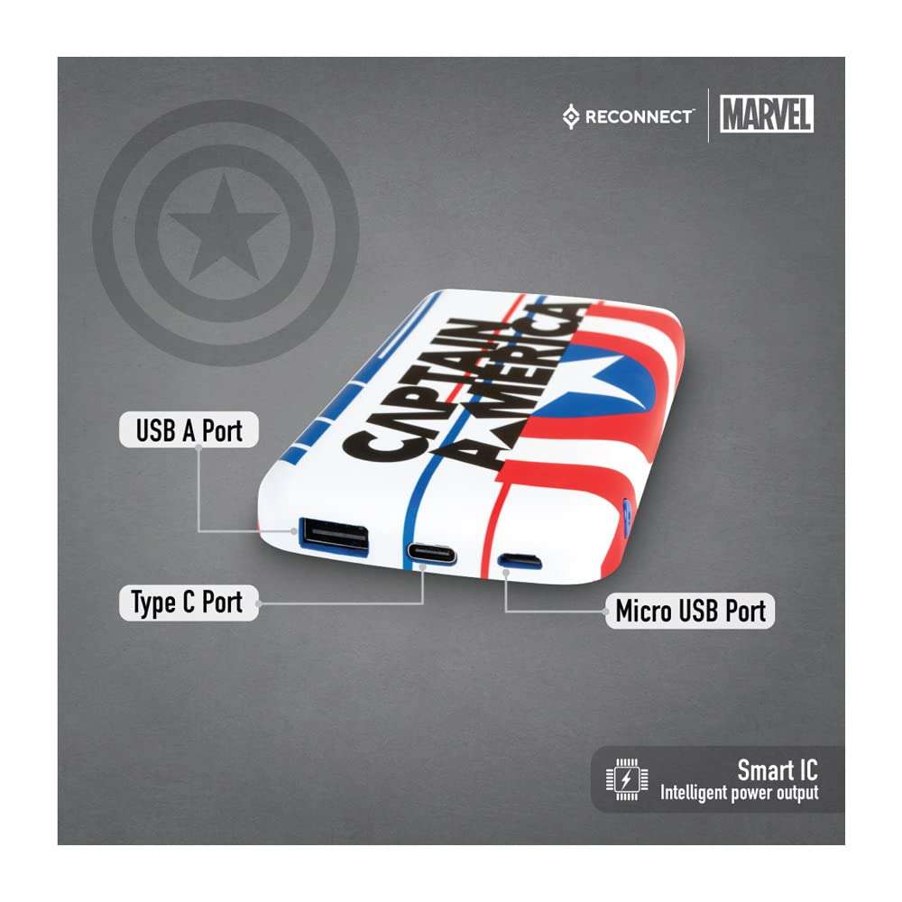 Reconnect Marvel 10000mAh Power Bank, Li-Po Battery, 1 USB Output Port, Micro USB & Type C Dual Input, BIS Approved, Mobile Accessories - DPB102 (Captain America Shield) 3
