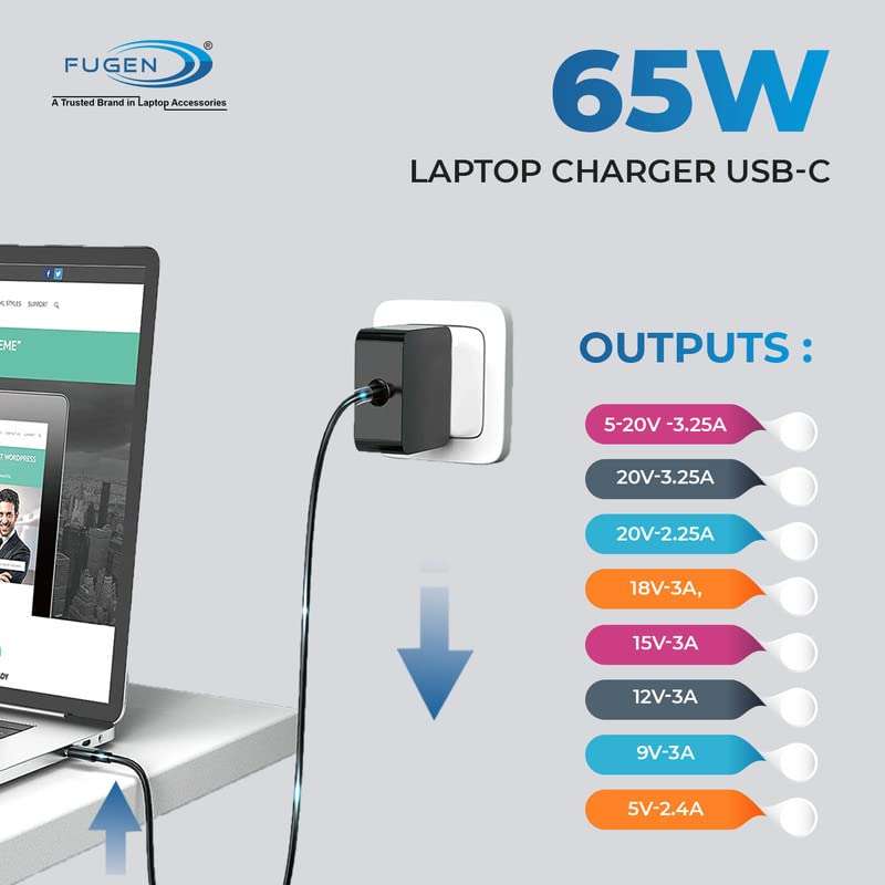 Fugen Laptop Charger Adapter 65w 5V/3A, 9V/3A, 15V/3A and 20V/3.25A Pin Type - C Compatible for Lenovo Chromebook 100e 300e 500e c330 c340 s330 s340 c630 Yoga 2
