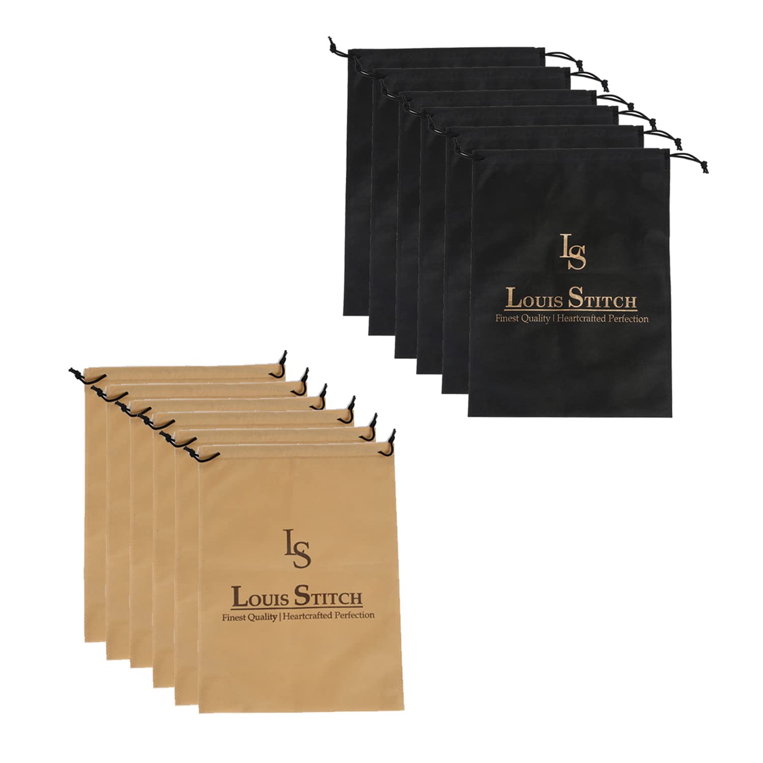 LOUIS STITCH Non-Woven Shoe Bag Travel Accessories Shoes Storage Cover Waterproof String Bag's Organizer Combo for Men Women Unisex (Pack of 12) (Black & Beige Plain) 1