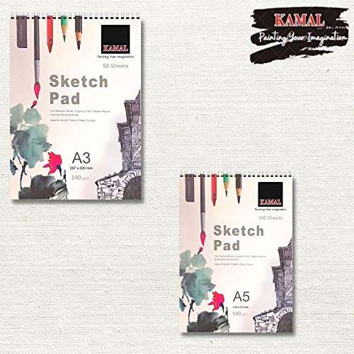 KAMAL Combo Script Liner Flat White Brown with A5/A3 Sketch PAD Set of 2 140 GSM DOODLING, Painting, Sketching - Oil, Acrylic, Water, Poster Colours 3