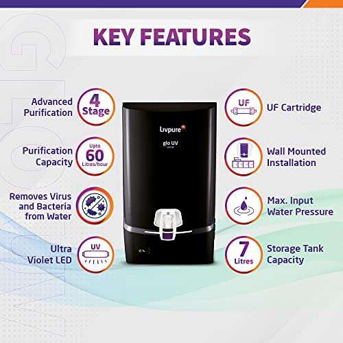 Livpure Glo UV, UV+UF Water Purifier for Home with 7 L Storage - Suitable for Municipal Water TDS up (Not Suitable for Borewell or Tanker water) 3