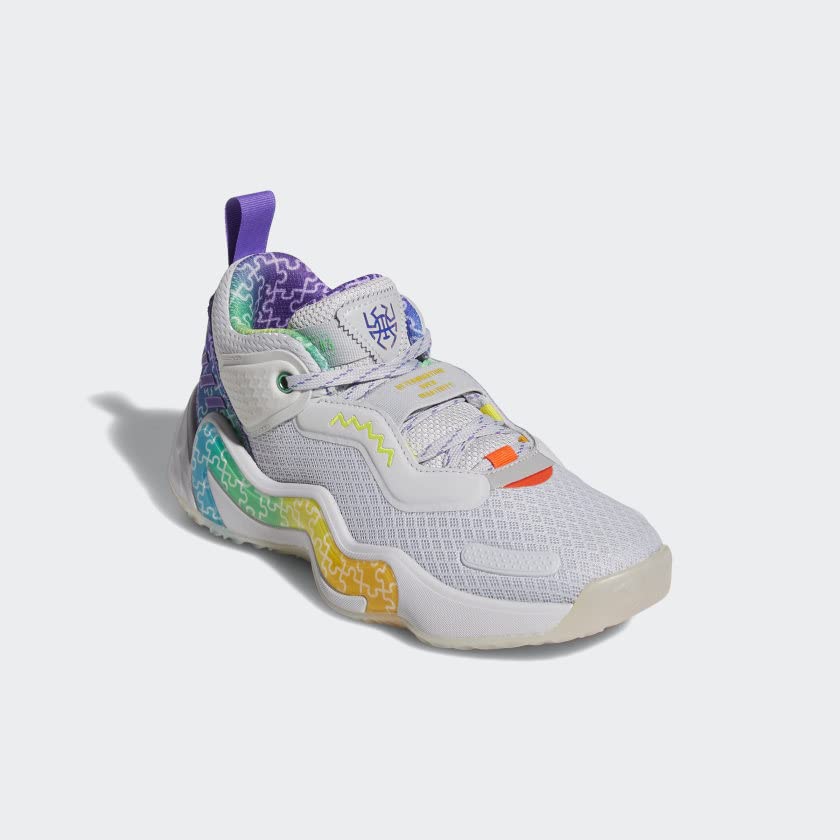 adidas D.O.N. Issue 3 Basketball Shoe, Clear Grey/Purple Rush/Semi Screaming Green, 5.5 US Unisex Big Kid 5