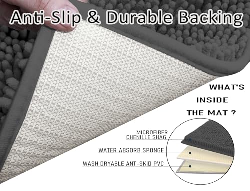 UHOUSEST Bathroom Rugs Sets 4 Pieces,Chenille Bath Mats for Bathroom,Super Absorbent Soft Washable Bathroom Carpets,Non Slip Contour Mat Toilet Lid Cover and Bath Rug Mats Shower Mats,Dark Gray 4