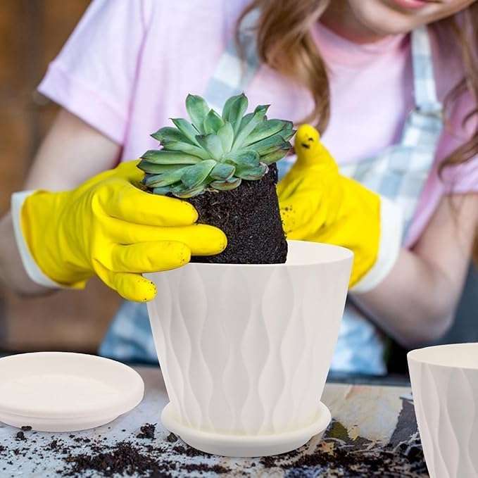 Leafly Set of 5 Multicolor Round Flower Plant Pots (6.3 Inch) with Drainage Tray | Durable Lightweight Planters for Home, Office, Terrace, Balcony & Indoor/Outdoor Gardening (White Wave) 4