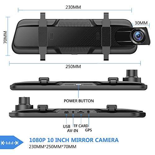 Backup Camera 10 inch Mirror Dash Cam Dual Lens Front Rear Dash Camera 1080P Full Touch Screen Video Streaming Mirror Loop Recording, Parking Monitor, Night Vision, Waterproof Rear Camera 6