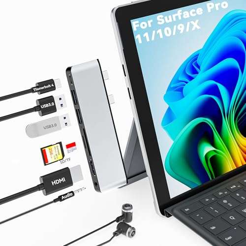 Surface Pro 11 USB C Adapter, Surface Pro 9 Hub Docking Station with 4K HDMI, Thunerbolt 4 (8K Video+Data+100W PD), 2*USB 3.0, 3.5mm Audio, SD/TF, USB C Hub for Surface Pro 11 Copilot/10/9/X 1