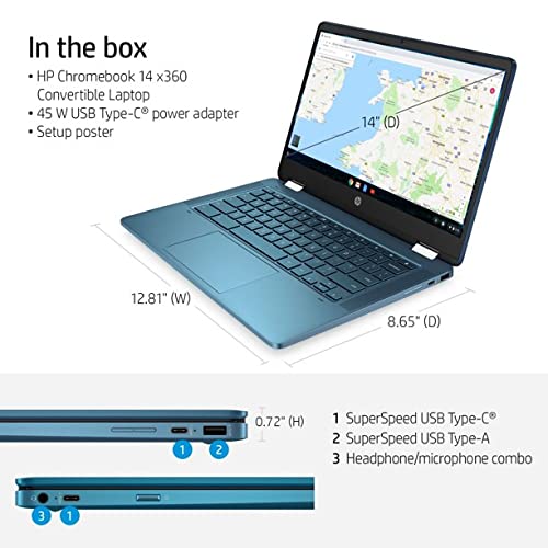 HP 14-inch X360 2-in-1 Touch Screen Chromebook, Intel Celeron N4020 Processor, 4GB DDR4 RAM, 64GB eMMC, Bluetooth, Wi-Fi, Webcam, Chrome OS, Teal, HP 14 Laptop, W/ MD Accessories, 14-14.99 inches 2