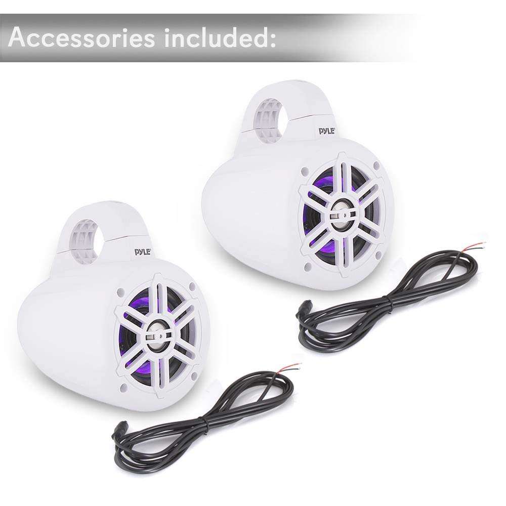 Pyle Waterproof Marine Wakeboard Tower Speakers - 4 Inch Dual Subwoofer Speaker Set w/ 300 Max Power Output - Boat Audio System w/Built-in LED Lights - Mounting Clamps Included PLMRLEWB46W (White) 2