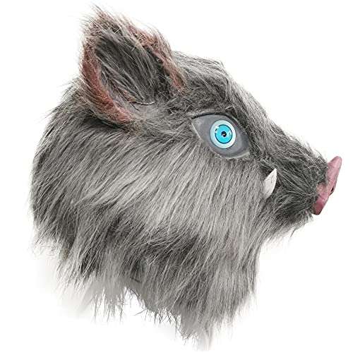 HACoser Hashibira Inosuke Mask Anime Boar Fluffy Cosplay Helmet Halloween Party Fancy Dress Costume Props (Grey) One Size 4