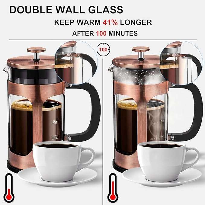 Veken French Press Plunger Coffee Maker Cafetière, Double Wall Heat Resistant Borosilicate Glass Coffee Press,Cold Brew Coffee Pot for Kitchen and Gifts, Dishwasher Safe, Copper (27 Ounce/800 ml) 4