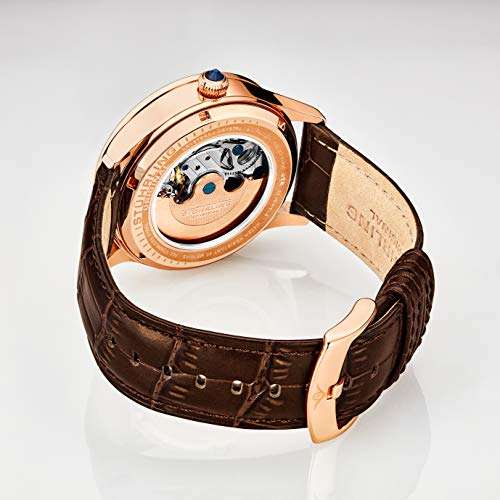 Stührling Original Automatic Watch for Men Skeleton Watch Dial, Dual Time, AM/PM Sun Moon, Leather Band, 571 Mens Watches Series (Rose Gold-A) 5
