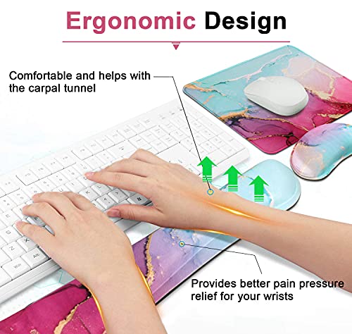 iLeadon Keyboard Wrist Rest + Mouse Pad + Mouse Wrist Rest Support Set,Memory Foam, 3Pcs Ergonomic Mouse Keyboard Pad Set for Easy Typing & Pain Relief, Office, Prevent Carpal Tunnel,Blue Pink Marble 4