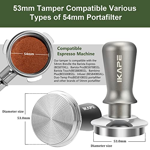 IKAPE 53mm Espresso Tamper, Premium Barista Coffee Tamper with Calibrated Spring Loaded, 100% Flat Stainless Steel Base Tamper Fits for Breville Series 54mm Portafilter Basket 4
