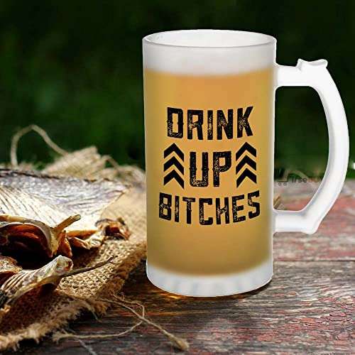 FirseBUY Funny Beer Mug, Drink Up Bitches Humor Printed Glass Mug with Handle 16oz, Large Beer Glass for Women, Beer Cup Drinking Glass 470ml, Stein Set of 1 2