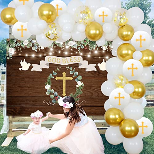 Funmemoir Baptism Party Decorations White And Gold First Holy Communion Decorations For Boys Girls Balloon Garland Kit With Rustic Wood Backdrop, God Bless Christening Decorations For Party 3