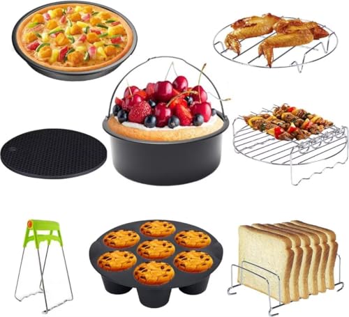Air Fryer Accessories 7 Inch 8-piece Set, Fit All 3.2qt-6.8qt Air Fryers,Air Fryer Accessories 8 Pcs Kits with Skewers Silicone Mat,Non-Stick, Dishwasher Safe,Universal 1