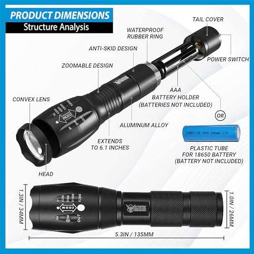 FREEZE2TRIM Vital Tac Flashlight, Elite Tac USA Tactical Flashlight, Battery Powered LED Flashlight VitalTac Flashlight High Lumens Military Grade 2000 Lumens 5 Modes Zoom, SOS, Ultra Bright Torch 2