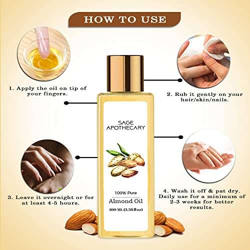 Sage Apothecary Pure Cold Pressed Sweet Almond Oil for Hair and Skin, Vitamin E Nourishment | Non-Sticky Hair Oil For Hair Fall Control100ml 3