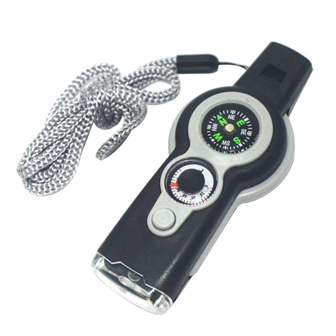 Emergency Whistle 7-in-1 Camping Safety Whistle with Compass Thermometer Light Magnifier Mirror for Emergency Gray. 1