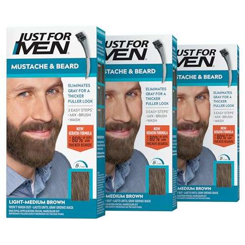 Just For Men Mustache & Beard, Beard Coloring for Gray Hair with Brush, with Keratin Biotin Aloe and Coconut Oil for Healthy Facial Hair - Light-Medium Brown, M-30, Pack of 3 (Packaging May Vary) 1