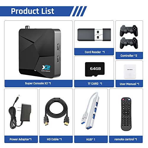Retro Game Console Super Console x2 with 65000+ Games, Emulator Console Support 60+ Emulators, S905X2 Quad-Core Retro Video Game Console with 2 Wireless Controllers(256G) 6