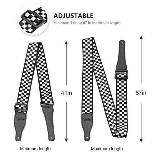 Guitar Strap, Bass Guitar Strap, Electric and Acoustic Guitar Straps - Durable Nylon Checkered Guitar Shoulder Strap with Leather Ends (Black and White Checkered) 2