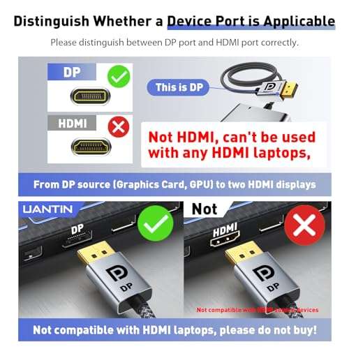 UANTIN DisplayPort to Dual HDMI Adapter | 4K 60Hz DP Source to HDMI Splitter Extended Display Adapter for Dual Monitors,Display Port Converter for NVIDIA, AMD Graphics Card 2