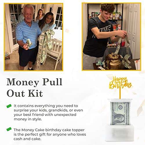The Money Cake - Money Cake Pull Out Kit Includes 1 Money Box 1 Plastic Roll 50 Transparent Bag Connected Pocket, and Happy Birthday Cake Topper for Birthday Parties 4
