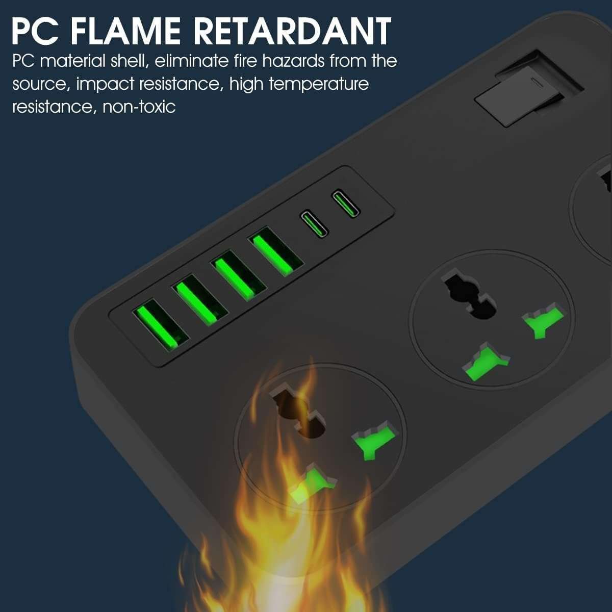 ELMVIA Extension Board 2500W 4 Power Sockets Extension Cord with 38W 4 USB Port + 2500W 2 Type C Port Fast Charger Fire-Resistant Multiple Plug Socket Universal Extension Box 2 Miter Wire 5