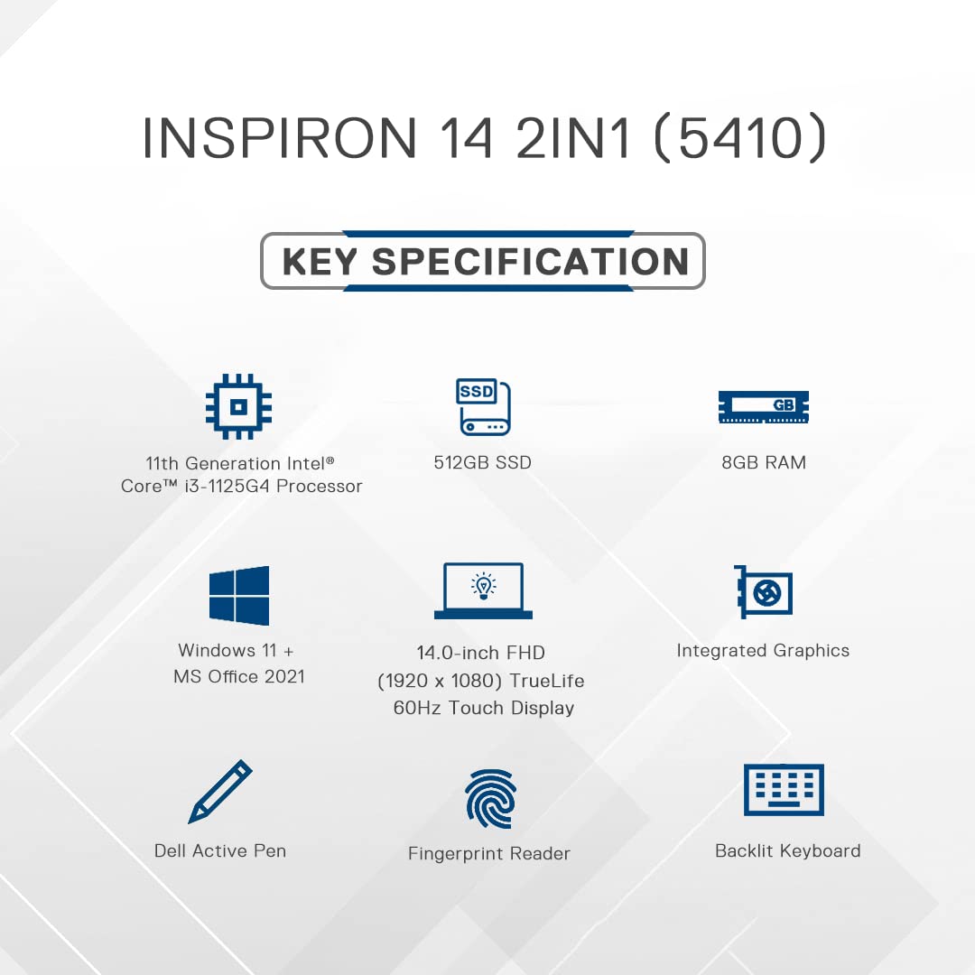 Dell New Intel i3-1125G4 14 inches(35cm) 2 in 1 Laptop (8GB, 512GB SSD, Windows 11 + MSO'21 Touch FHD, Platinum Silver Color, FPR + Backlit KB & Active Pen, Inspiron 5410, D560625WIN9S, 1.5Kg) 5