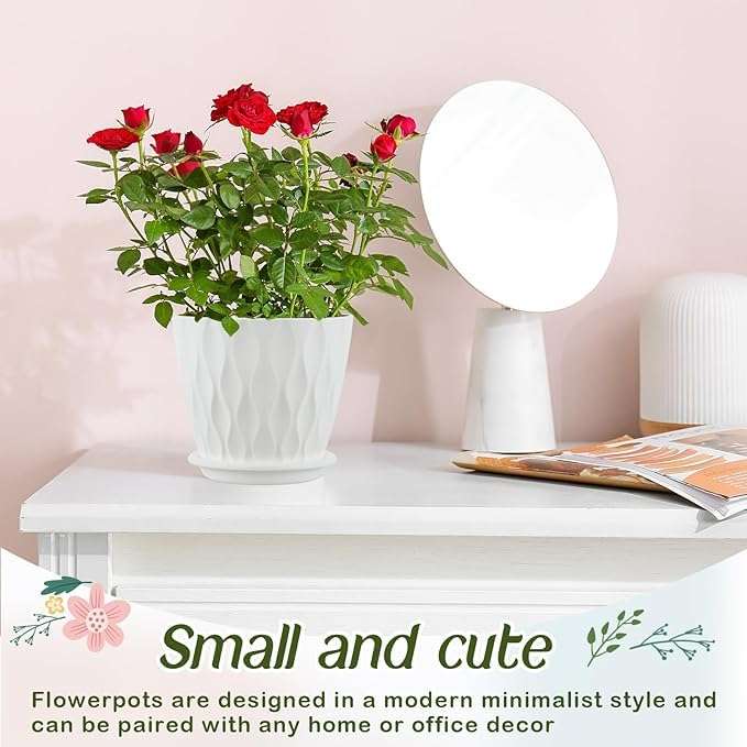 StyleX Store Plastic 6.2 inch Plant Pots with Drainage Holes and Tray Saucers | Flower Pots for Home Planters, Terrace, Balcony Dcor, Home Indoor and Outdoor Gardening Plants, Pack of 5 (White) 6