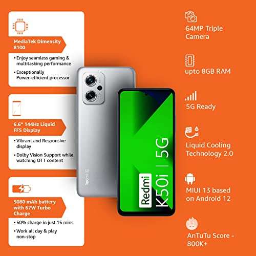 Redmi K50i 5G (Quick Silver, 8GB RAM, 256GB Storage) | Flagship Mediatek Dimensity 8100 Processor | 144Hz Liquid FFS Display 2
