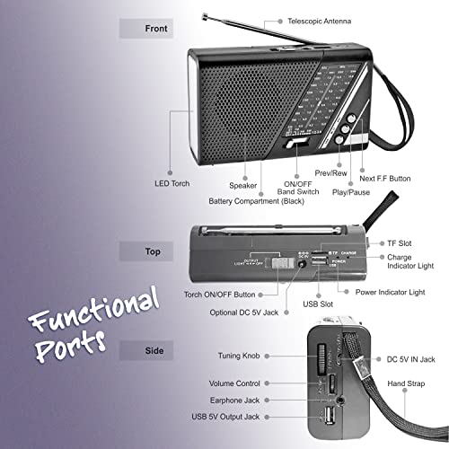 PAGARIA Portable FM/AM/SW Radio with 5 Watts Sound, Bluetooth/USB/TF, Earphone Port & Torch 5