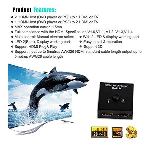 Alexvyan HDMI Switch Splitter, Bi-Directional Manual HDMI Switch 2 Port, 2 in 1 Out or 1 in 2 Out Splitter Support 4k 2k HD 1080P 4