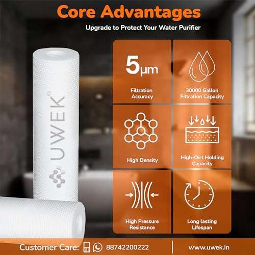 UWEK Gold 10 Inch High Density Spun Pre Filter 5 Micron PP Spun Cartridge 120 gm Sediment Filter Candle Compatible with RO Pre-Filter Housing of Water Purifier (Pack of 2 Spun + Spanner) 2